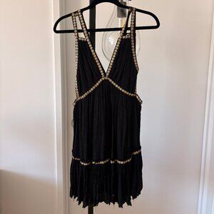 Free People Black & Gold Sequin Boho Mini Dress – Fringe + Cutouts - Size XS